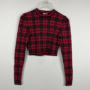 Torn By Ronnie Kobo Oli Crop Top Size XS Red/Black London Plaid Long Sleeve Crew
